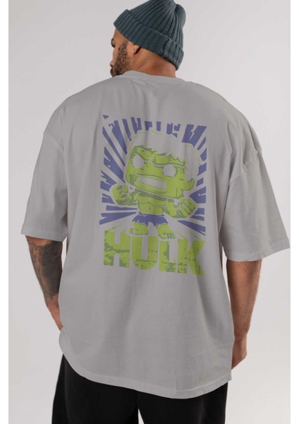 Hulk (2) Arka Baskılı Gri Oversize T-Shirt Bisiklet Yaka Pamuk Erkek Kadın indirimleri