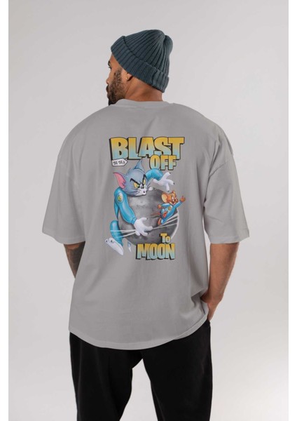 Tom ve Jerry Arka Baskılı Gri Oversize T-Shirt Bisiklet Yaka Pamuk Erkek Kadın fırsatları