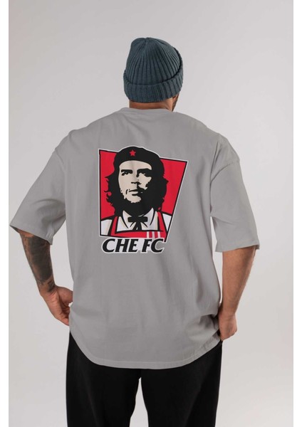 Che Fc Arka Baskılı Gri Oversize T-Shirt Bisiklet Yaka Pamuk Erkek Kadın