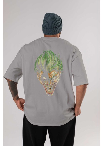 Joker (3) Arka Baskılı Gri Oversize T-Shirt Bisiklet Yaka Pamuk Erkek Kadın