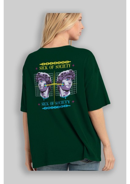 Sick Of Society Arka Baskılı Zümrüt Yeşili Oversize T-Shirt Erkek Kadın Bisiklet Yaka fırsatları