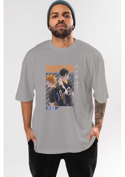 Shouyou Hinata 12 Anime Ön Baskılı Gri Oversize T-Shirt %100 Pamuk Erkek Kadın
