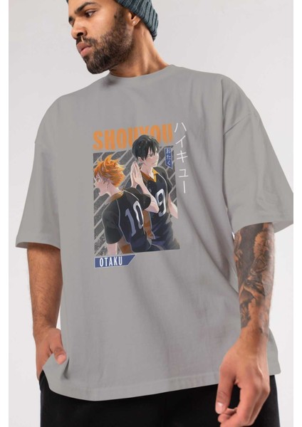 Shouyou Hinata 12 Anime Ön Baskılı Gri Oversize T-Shirt %100 Pamuk Erkek Kadın modelleri