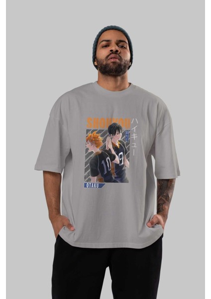 Shouyou Hinata 12 Anime Ön Baskılı Gri Oversize T-Shirt %100 Pamuk Erkek Kadın indirimleri