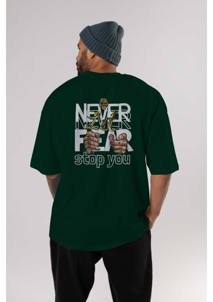 Never Let Fear Arka Baskılı Zümrüt Yeşili Oversize T-Shirt Unisex Erkek Kadın Bisiklet Yaka indirimleri