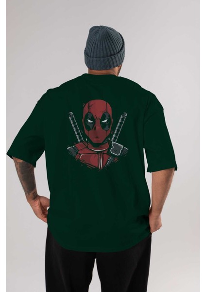 Deadpool (4) Arka Baskılı Zümrüt Yeşili Oversize T-Shirt Bisiklet Yaka Erkek Kadın