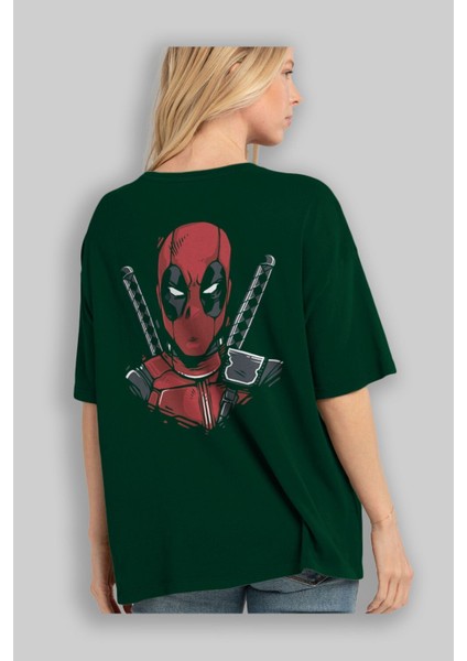 Deadpool (4) Arka Baskılı Zümrüt Yeşili Oversize T-Shirt Bisiklet Yaka Erkek Kadın fırsatları