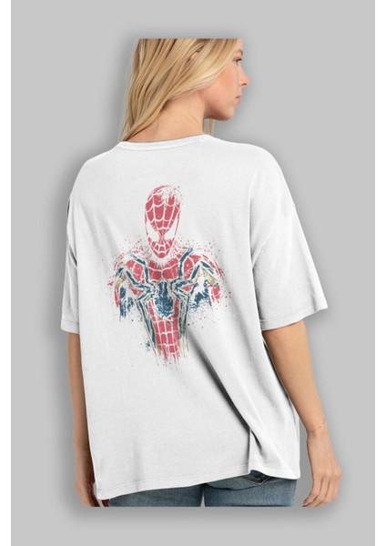 Spiderman (9) Arka Baskılı Beyaz Oversize T-Shirt Bisiklet Yaka Pamuk Erkek Kadın modelleri