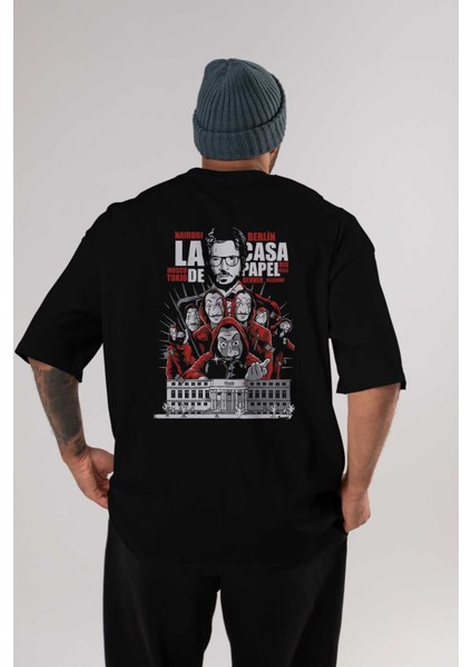 La Casa De Papel (2) Arka Baskılı Siyah Oversize T-Shirt Bisiklet Yaka Pamuk Erkek Kadın