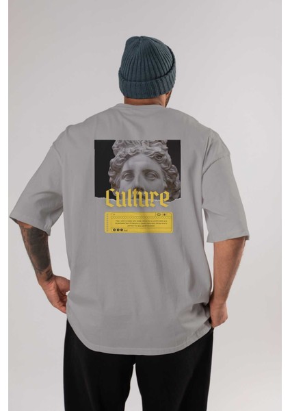 Culture Yazılı Arka Baskılı Gri Oversize T-Shirt Unisex Erkek Kadın Bisiklet Yaka