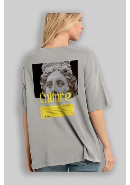 Culture Yazılı Arka Baskılı Gri Oversize T-Shirt Unisex Erkek Kadın Bisiklet Yaka modelleri
