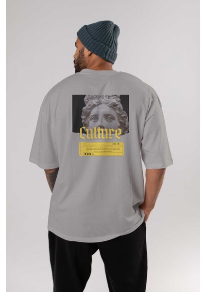 Culture Yazılı Arka Baskılı Gri Oversize T-Shirt Unisex Erkek Kadın Bisiklet Yaka fırsatları