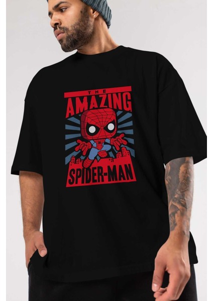 Spiderman (20) Ön Baskılı Siyah Oversize T-Shirt Bisiklet Yaka Erkek Kadın modelleri