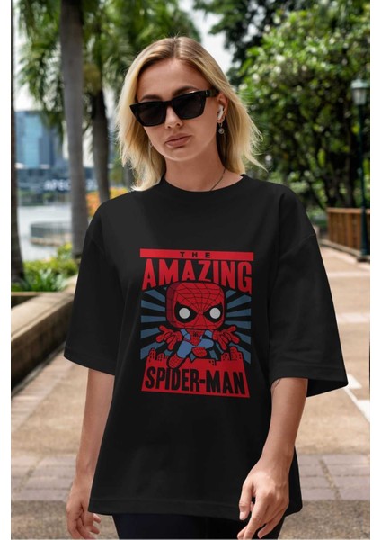 Spiderman (20) Ön Baskılı Siyah Oversize T-Shirt Bisiklet Yaka Erkek Kadın indirimleri