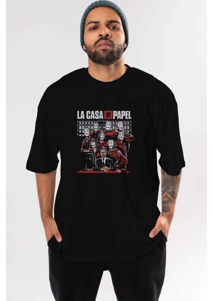 La Casa De Papel (5) Ön Baskılı Siyah Oversize T-Shirt Bisiklet Yaka Erkek Kadın