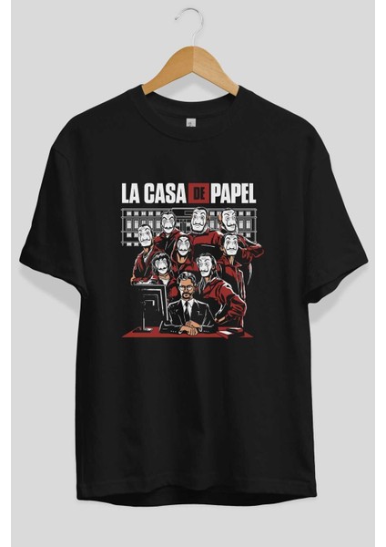 La Casa De Papel (5) Ön Baskılı Siyah Oversize T-Shirt Bisiklet Yaka Erkek Kadın
