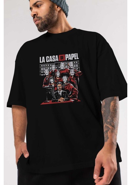 La Casa De Papel (5) Ön Baskılı Siyah Oversize T-Shirt Bisiklet Yaka Erkek Kadın