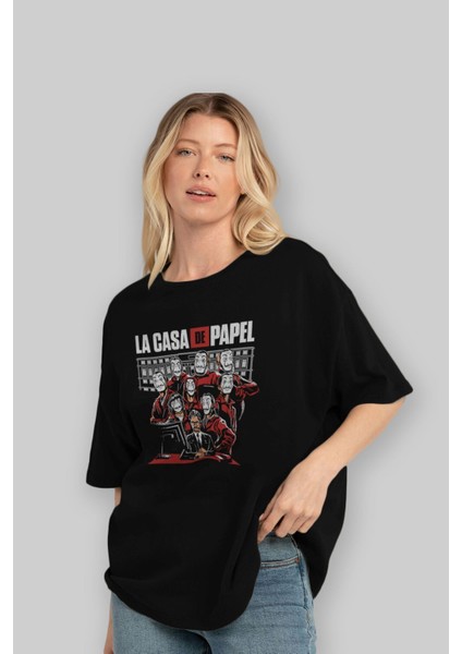 La Casa De Papel (5) Ön Baskılı Siyah Oversize T-Shirt Bisiklet Yaka Erkek Kadın