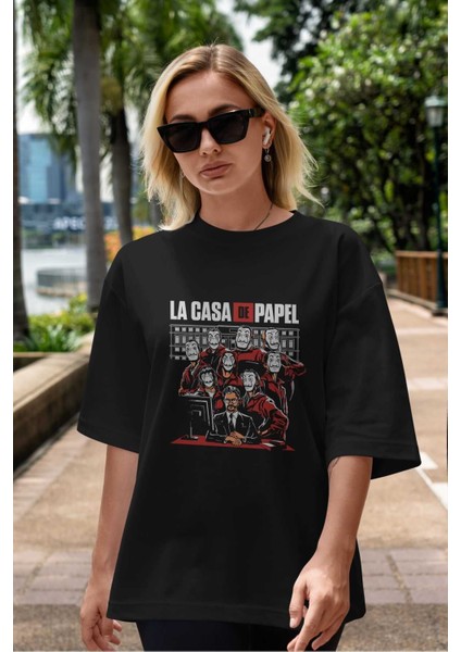 La Casa De Papel (5) Ön Baskılı Siyah Oversize T-Shirt Bisiklet Yaka Erkek Kadın