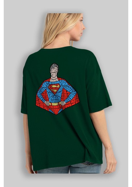 Kryptonian Arka Baskılı Zümrüt Yeşili Oversize T-Shirt Unisex Erkek Kadın Bisiklet Yaka fırsatları