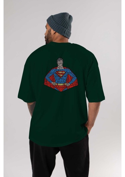 Kryptonian Arka Baskılı Zümrüt Yeşili Oversize T-Shirt Unisex Erkek Kadın Bisiklet Yaka indirimleri