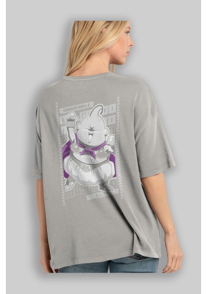 Majın Boo2 Anime Arka Baskılı Gri Oversize T-Shirt %100 Pamuk Erkek Kadın modelleri