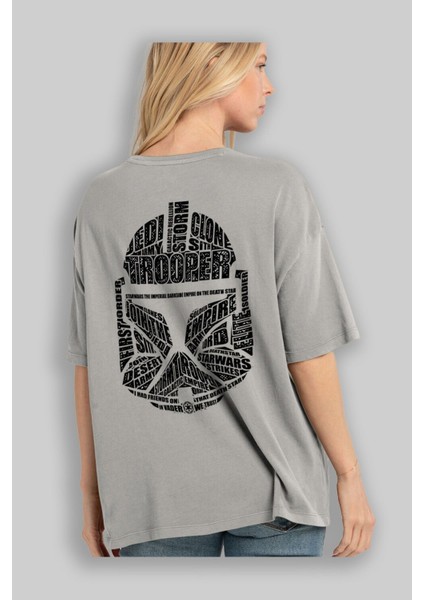 Trooper Arka Baskılı Gri Oversize T-Shirt Unisex Erkek Kadın Bisiklet Yaka modelleri