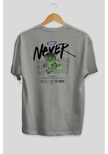 Teddy Bear Never Arka Baskılı Gri Oversize T-Shirt Unisex Erkek Kadın Bisiklet Yaka fiyatları