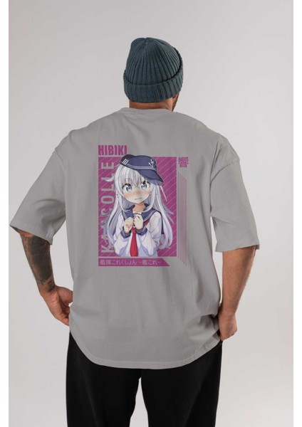 Hibiki 4 Anime Arka Baskılı Gri Oversize T-Shirt %100 Pamuk Erkek Kadın