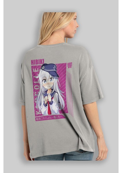 Hibiki 4 Anime Arka Baskılı Gri Oversize T-Shirt %100 Pamuk Erkek Kadın modelleri