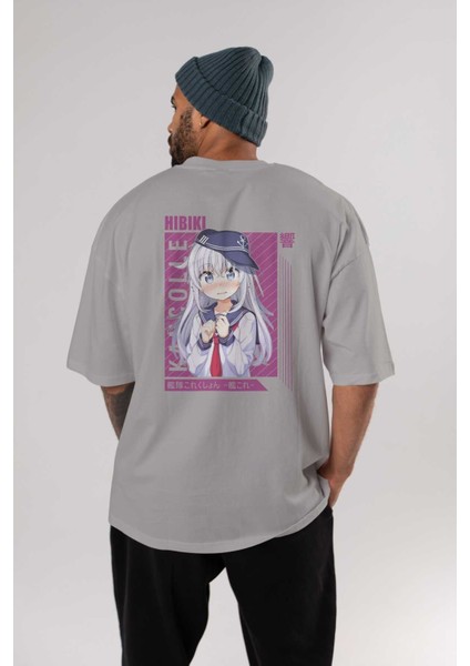 Hibiki 4 Anime Arka Baskılı Gri Oversize T-Shirt %100 Pamuk Erkek Kadın fırsatları