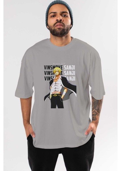 Sanji Ön Baskılı Gri Oversize T-Shirt Unisex Erkek Kadın Bisiklet Yaka