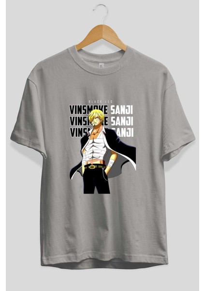 Sanji Ön Baskılı Gri Oversize T-Shirt Unisex Erkek Kadın Bisiklet Yaka fiyatları