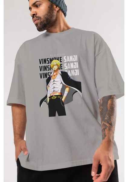Sanji Ön Baskılı Gri Oversize T-Shirt Unisex Erkek Kadın Bisiklet Yaka modelleri