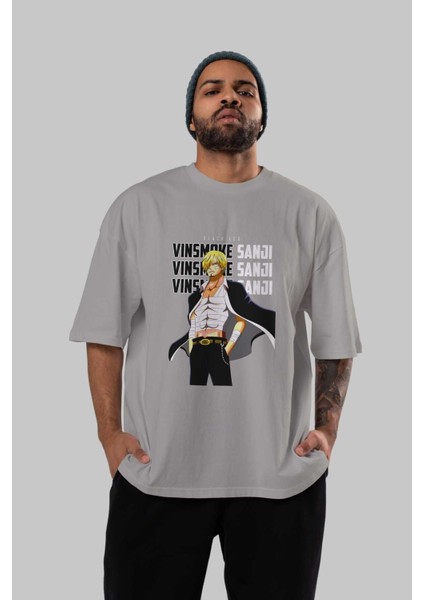 Sanji Ön Baskılı Gri Oversize T-Shirt Unisex Erkek Kadın Bisiklet Yaka indirimleri