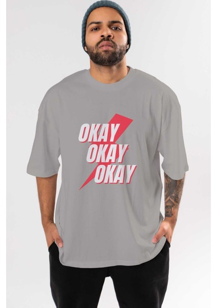 Okay Ön Baskılı Gri Oversize T-Shirt Unisex Erkek Kadın Bisiklet Yaka