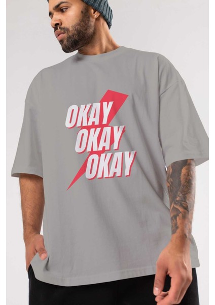 Okay Ön Baskılı Gri Oversize T-Shirt Unisex Erkek Kadın Bisiklet Yaka modelleri