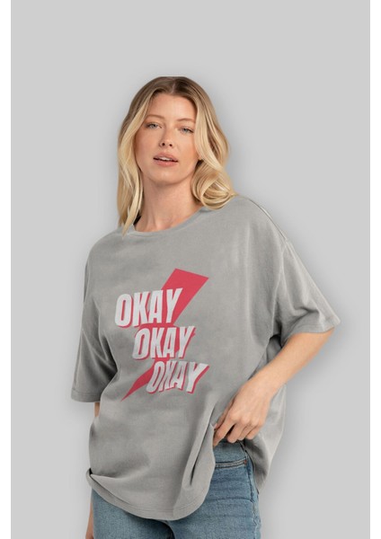 Okay Ön Baskılı Gri Oversize T-Shirt Unisex Erkek Kadın Bisiklet Yaka fırsatları