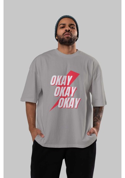 Okay Ön Baskılı Gri Oversize T-Shirt Unisex Erkek Kadın Bisiklet Yaka indirimleri