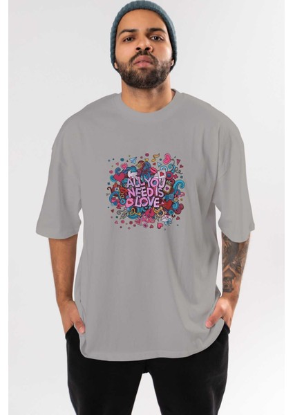 Cute Fun Colorful Heart Ön Baskılı Gri Oversize T-Shirt Unisex Erkek Kadın Bisiklet Yaka