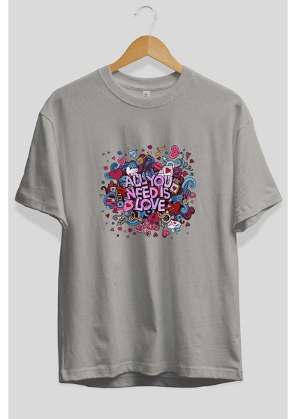 Cute Fun Colorful Heart Ön Baskılı Gri Oversize T-Shirt Unisex Erkek Kadın Bisiklet Yaka fiyatları