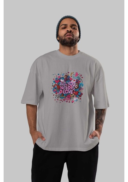 Cute Fun Colorful Heart Ön Baskılı Gri Oversize T-Shirt Unisex Erkek Kadın Bisiklet Yaka indirimleri