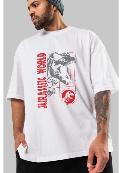 Jurassic Park (2) Ön Baskılı Beyaz Oversize T-Shirt Bisiklet Yaka Erkek Kadın modelleri