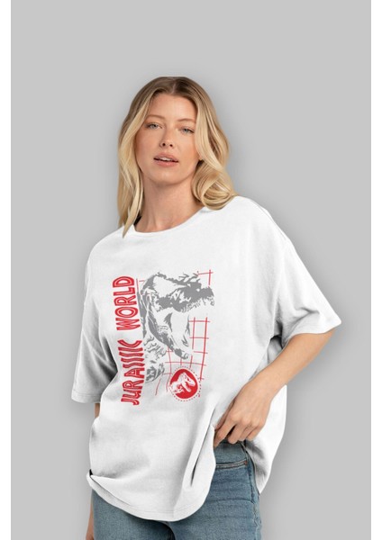 Jurassic Park (2) Ön Baskılı Beyaz Oversize T-Shirt Bisiklet Yaka Erkek Kadın fırsatları