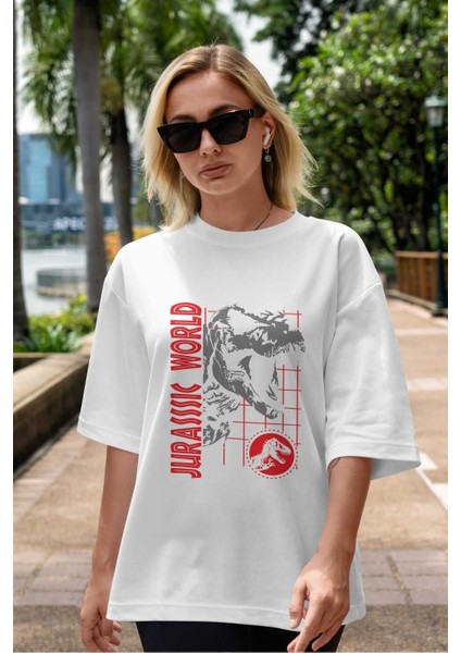 Jurassic Park (2) Ön Baskılı Beyaz Oversize T-Shirt Bisiklet Yaka Erkek Kadın indirimleri