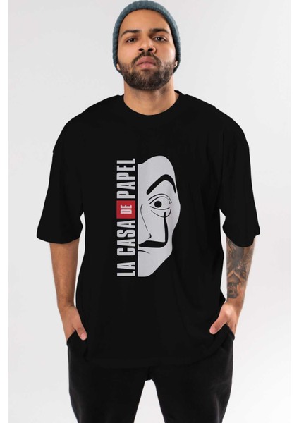 La Casa De Papel (3) Ön Baskılı Siyah Oversize T-Shirt Bisiklet Yaka Erkek Kadın