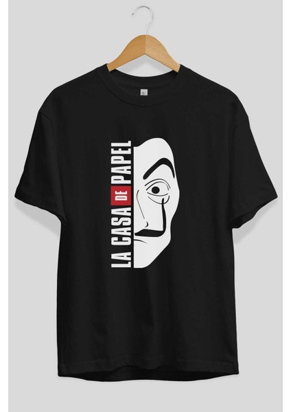 La Casa De Papel (3) Ön Baskılı Siyah Oversize T-Shirt Bisiklet Yaka Erkek Kadın