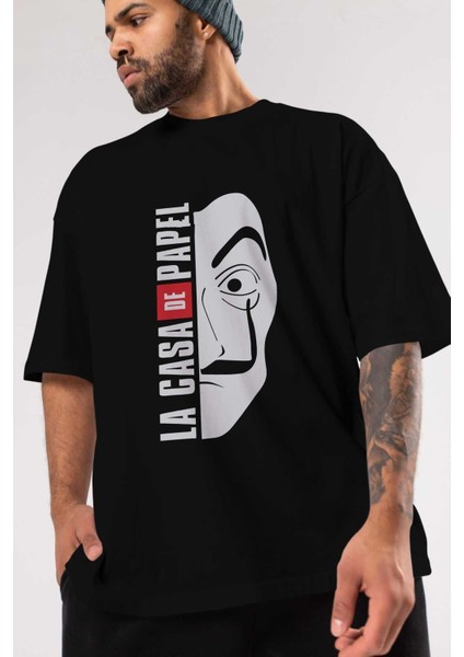 La Casa De Papel (3) Ön Baskılı Siyah Oversize T-Shirt Bisiklet Yaka Erkek Kadın
