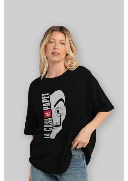 La Casa De Papel (3) Ön Baskılı Siyah Oversize T-Shirt Bisiklet Yaka Erkek Kadın