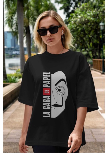 La Casa De Papel (3) Ön Baskılı Siyah Oversize T-Shirt Bisiklet Yaka Erkek Kadın